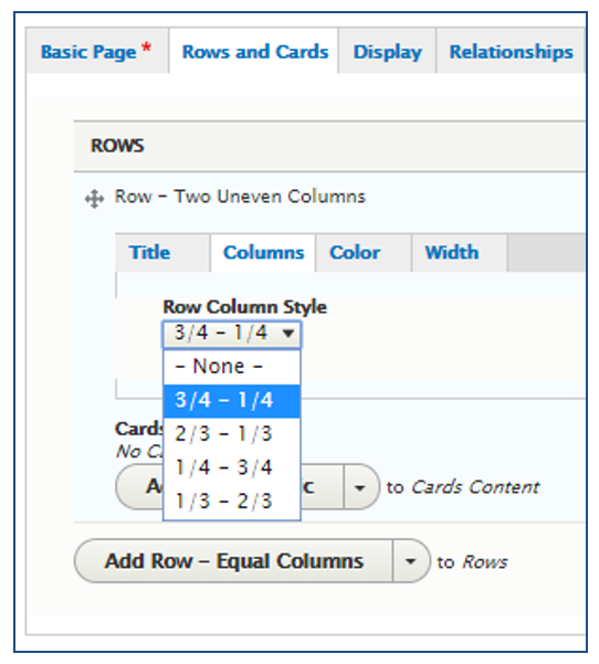 screenshot showing the width options for two uneven column rows