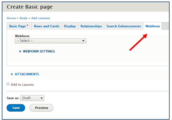 Screenshot showing where to add a webform to the site