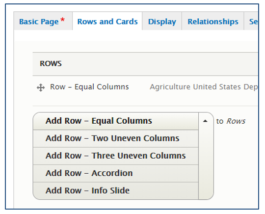 Screenshot showing the options for rows