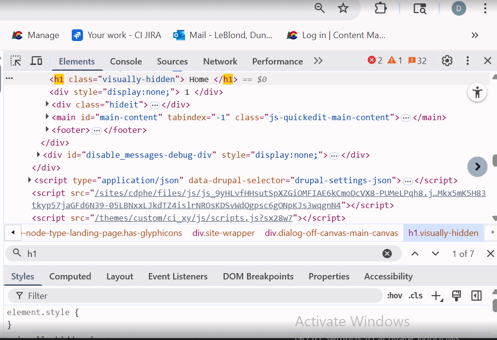 Image showing H1 on a home page, which is a landing page content type