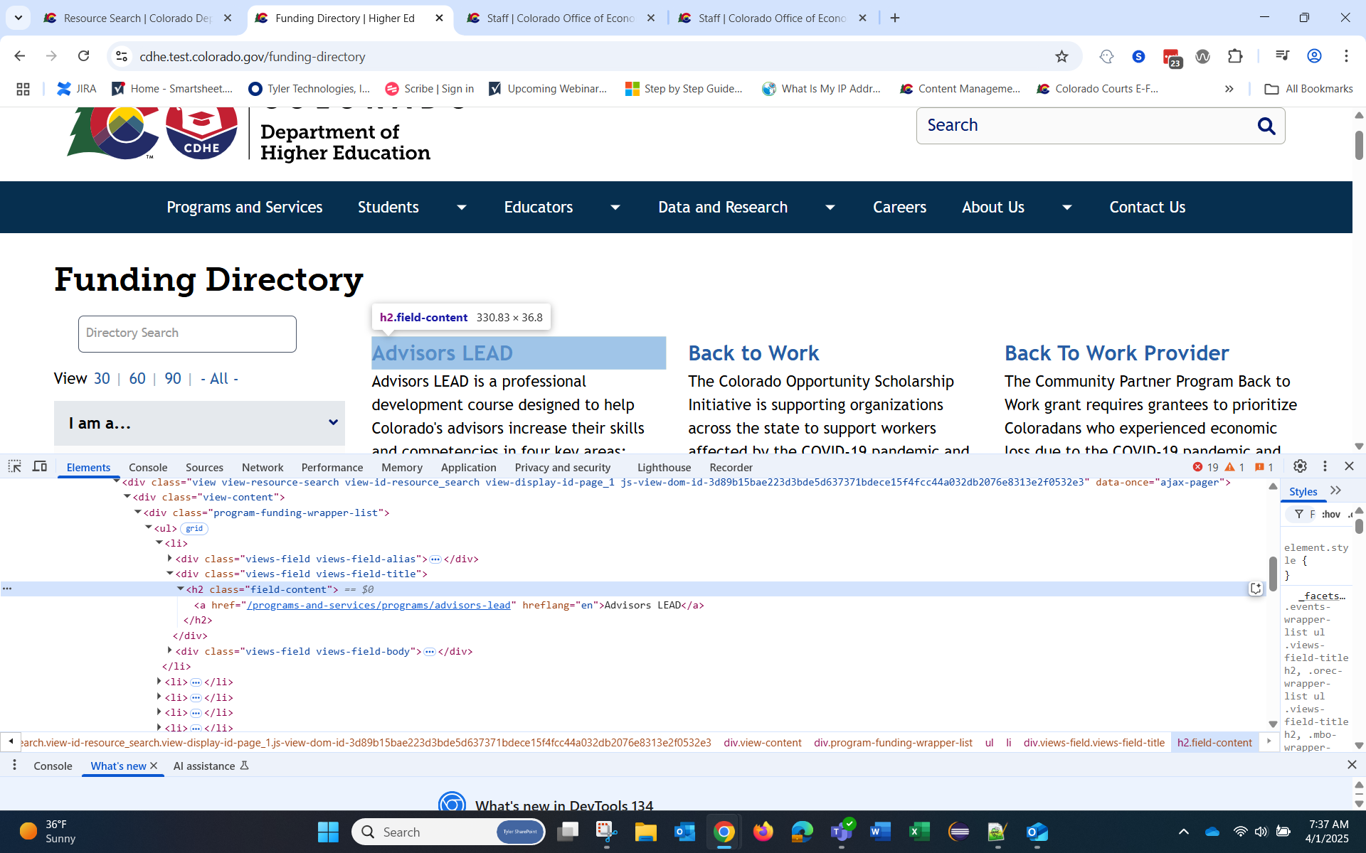 Screenshot showing taxonomy page results labeled as H2 headings