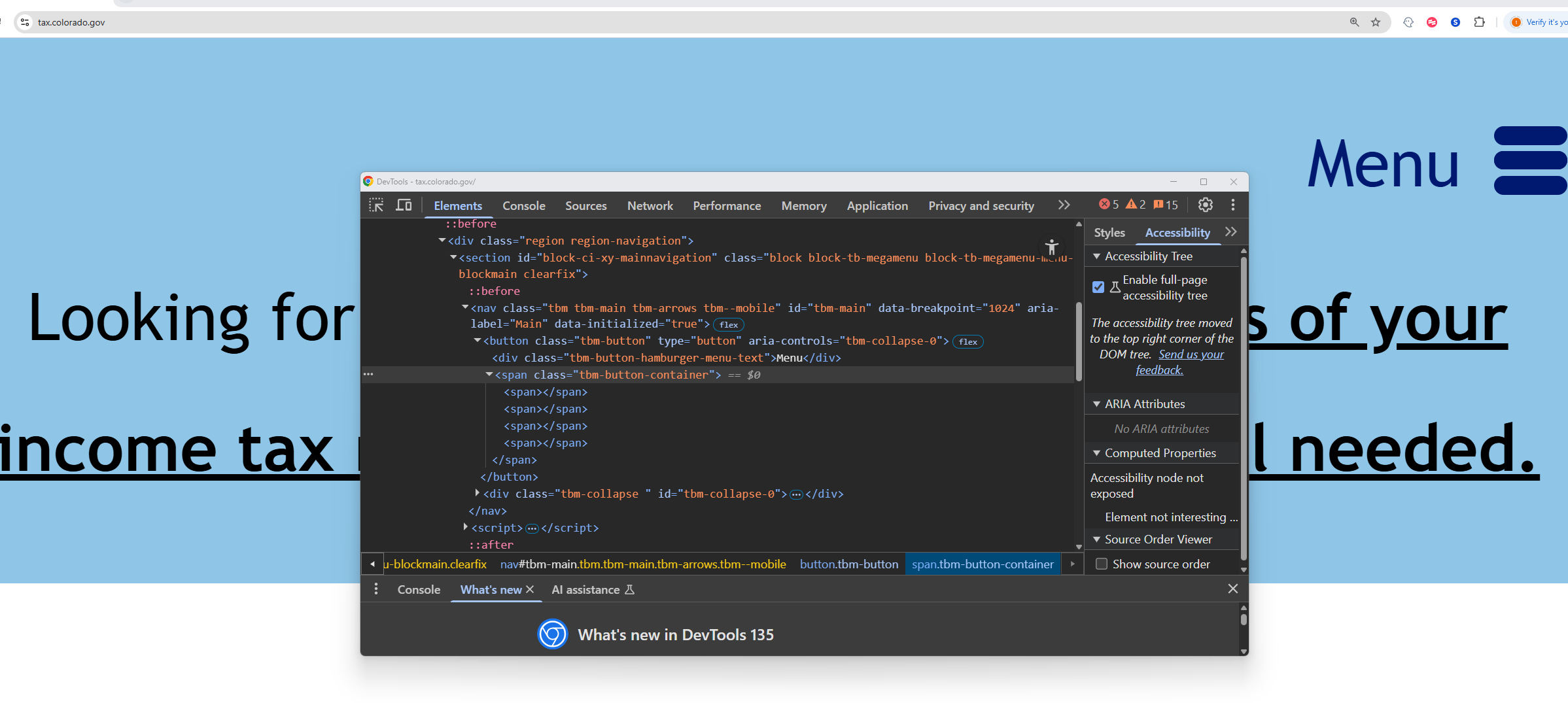 Screenshot showing mobile view main navigation with aria label addition