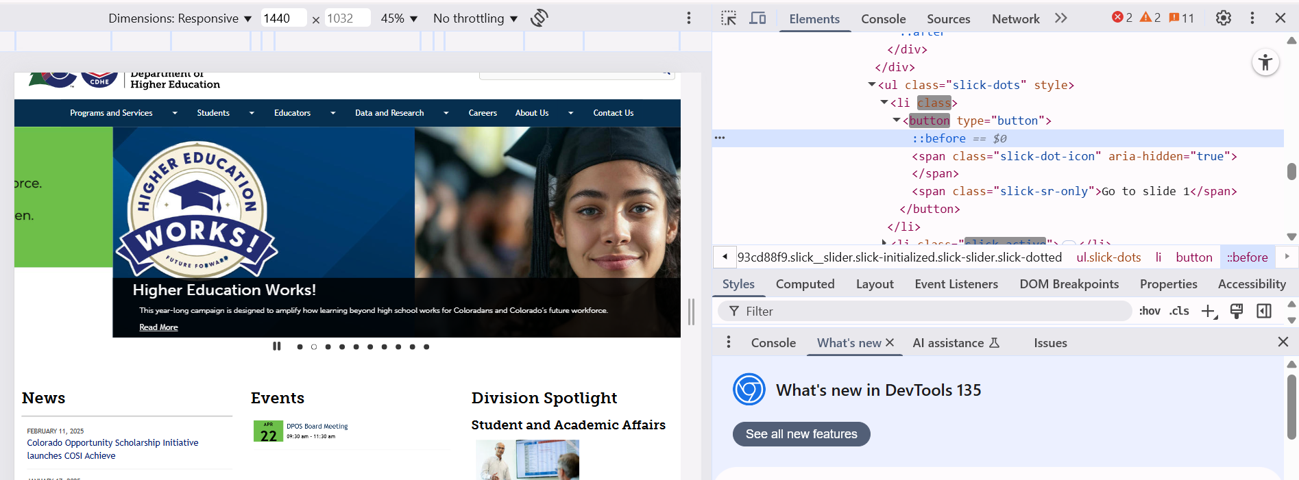 Screenshot of fix showing 'role=tab' has been removed, and that aria-current has been added on active slide dots/selectors
