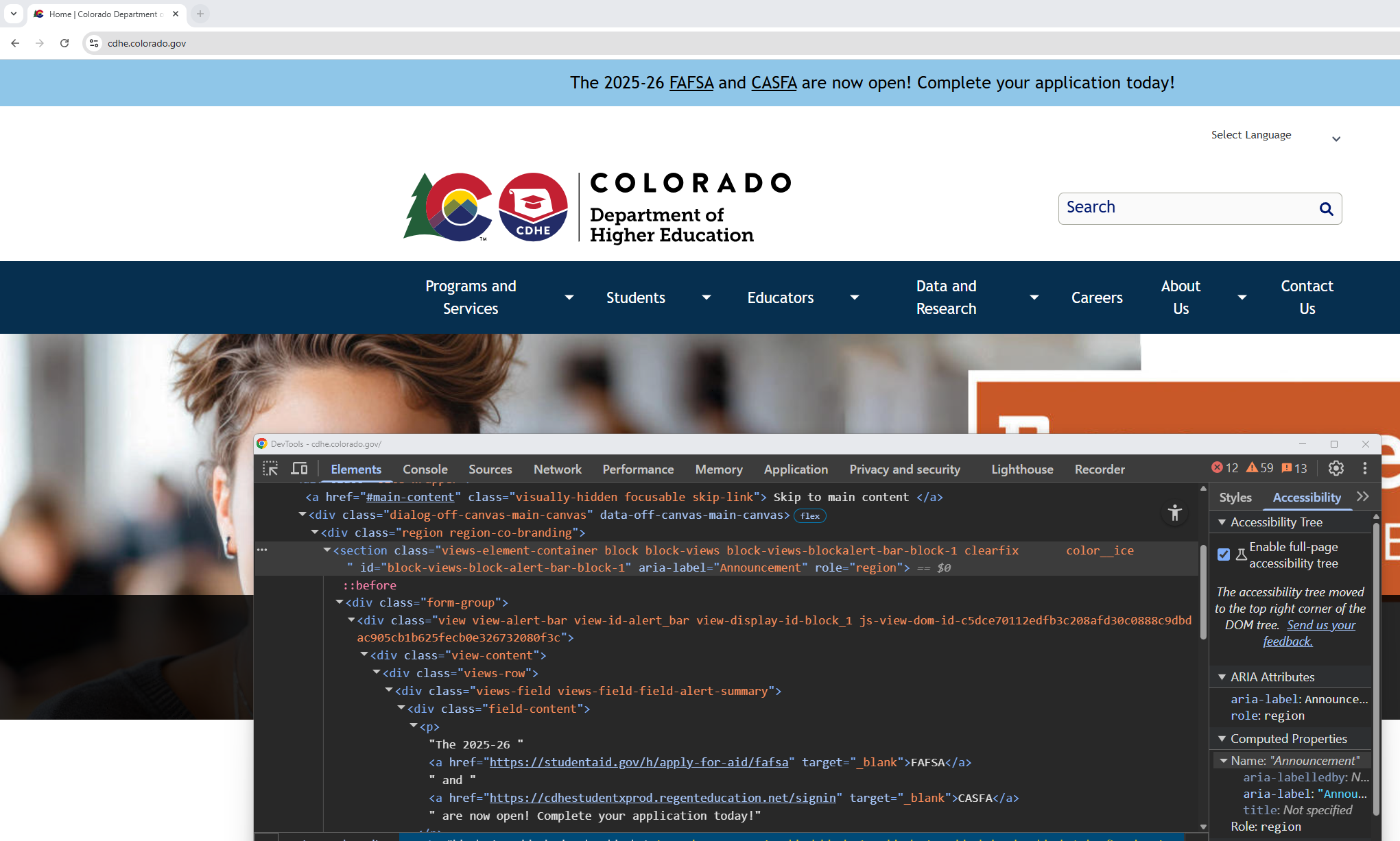 Screenshot showing aria label of "announcement" on alert content type