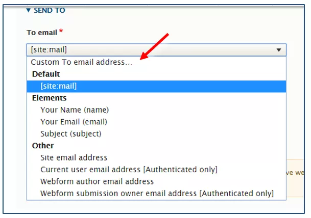 Screenshot showing where to add a custom email address to your webform settings