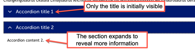 Accordions Example to show what the accordion title and content fields correspond to.