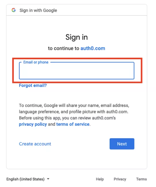 Google Sign In Auth0 Email screenshot
