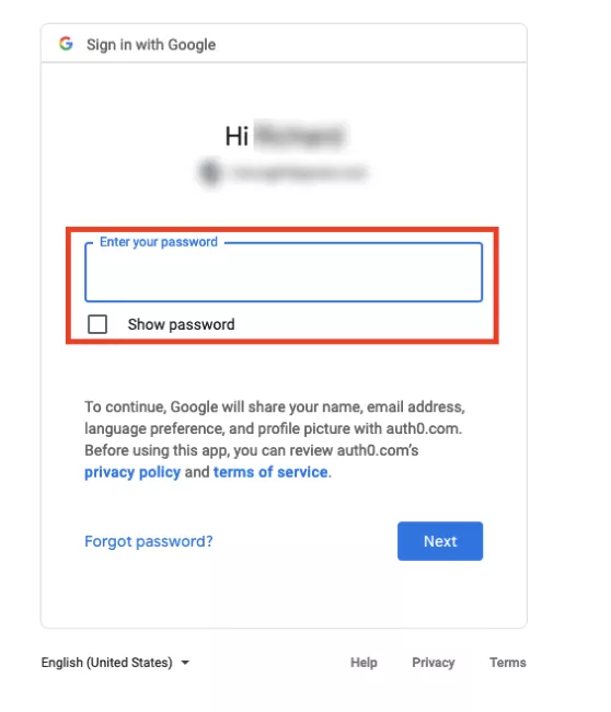 Sign in with Google Password Screenshot