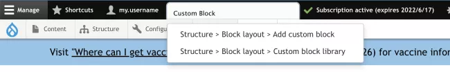 Screenshot of searching for a custom block in the admin bar quick search