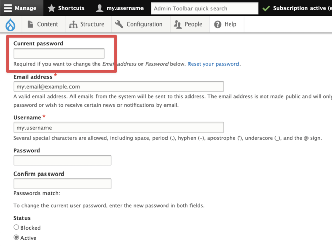 Screenshot of the Current Password field on the Edit User page