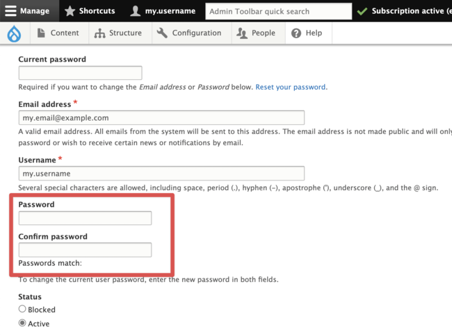 Screenshot of the Password and Confirm Password fields on the Edit User page