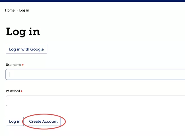 Picture of the log in page with the Create Account button circled