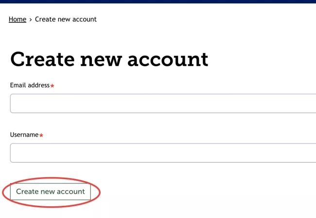 Picture of the Create Account page with the "Create new account" button circled
