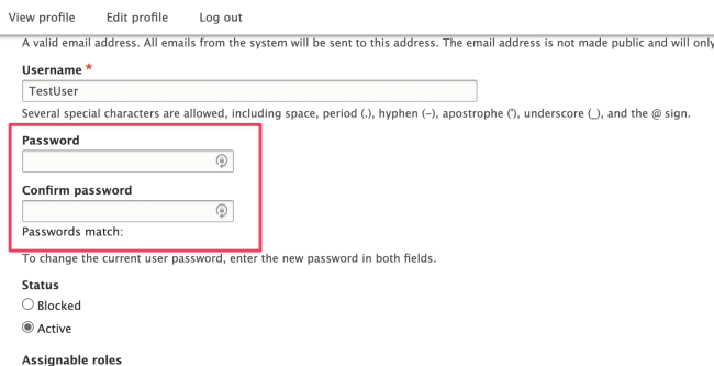 Picture of the user account edit page with Password and Confirm Password outlined