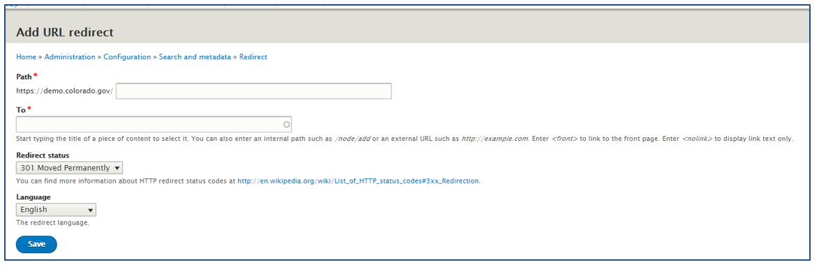 Screenshot showing the url redirect page