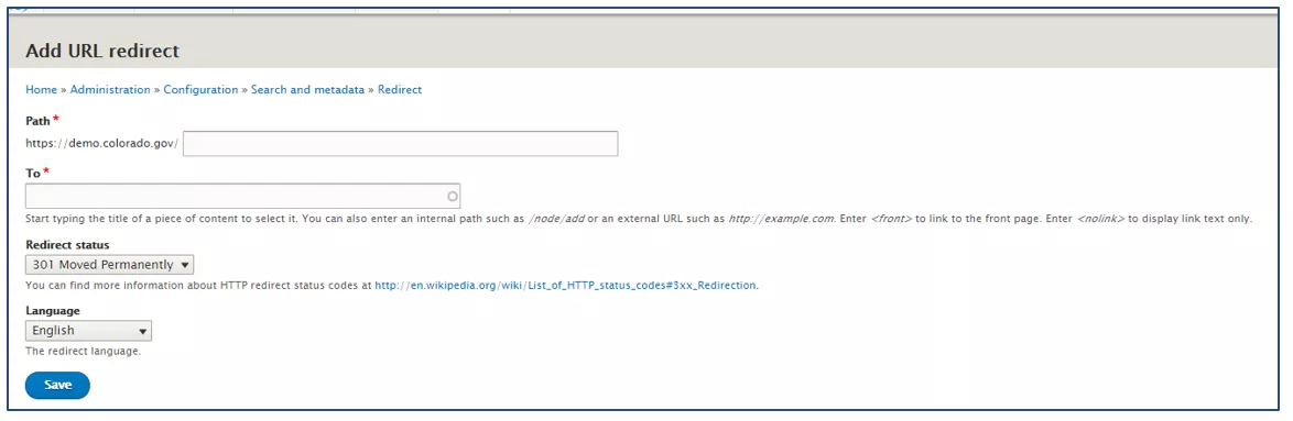 Screenshot showing the url redirect page