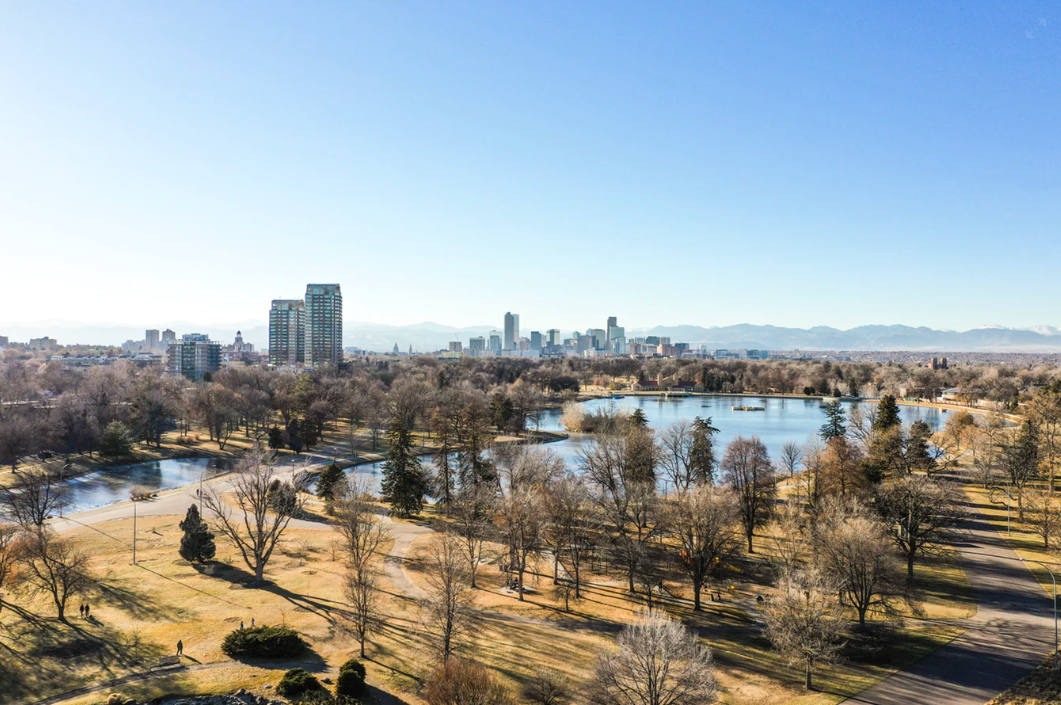 View over Denver from the east facing west at the high rises