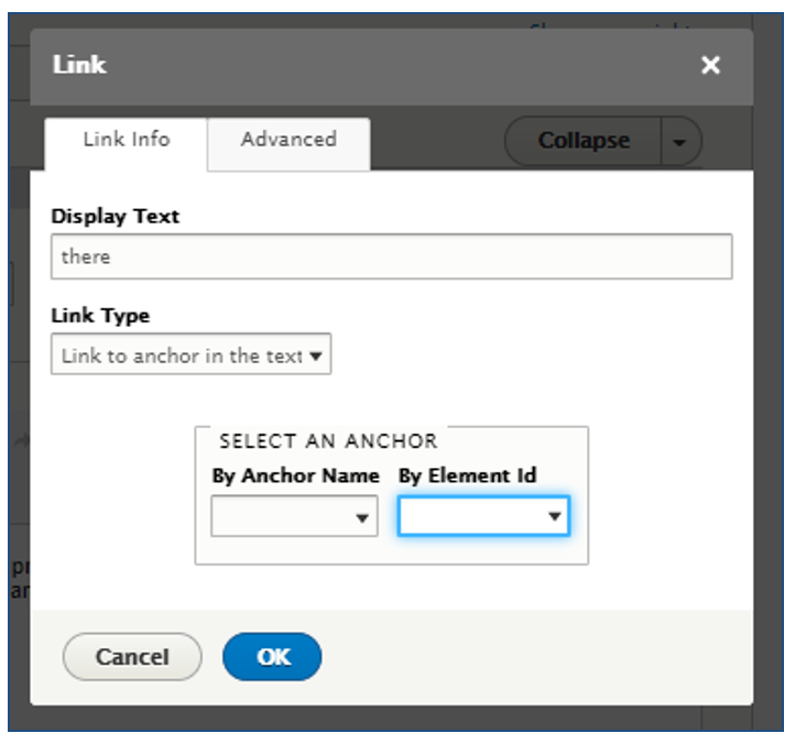 By Anchor Name field option in the link pop up