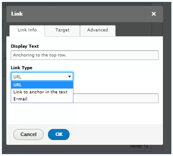 Screenshot showing the link to anchor option in the link field pop up