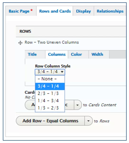 screenshot showing the width options for two uneven column rows