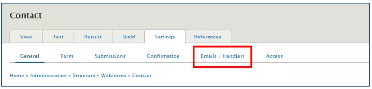Screenshot showing the emails and handlers tab